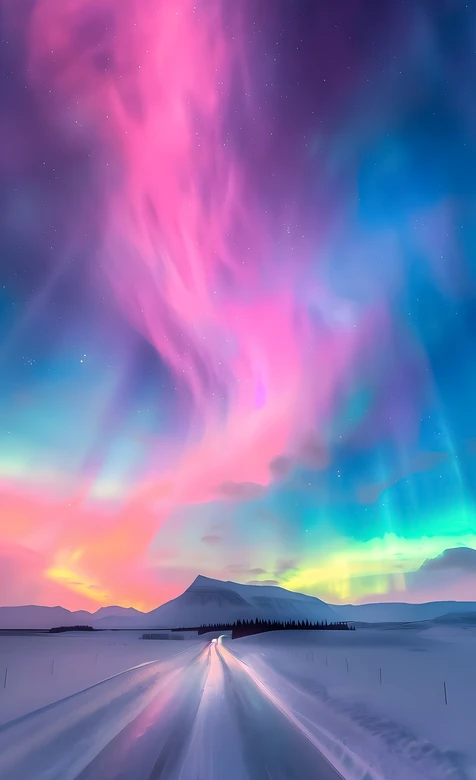 雪夜公路极光·唯美梦幻风 冬日浪漫风景手机壁纸
