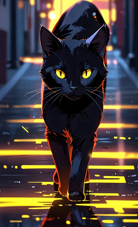 赛博朋克风黑猫·金黄眼眸雨夜街巷 赛博都市手机壁纸