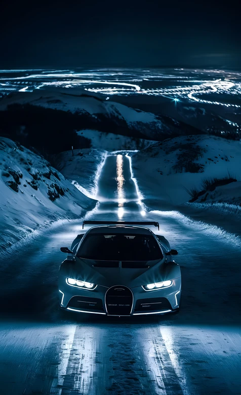 布加迪超跑·雪夜山路冷峻风 超跑雪夜手机壁纸