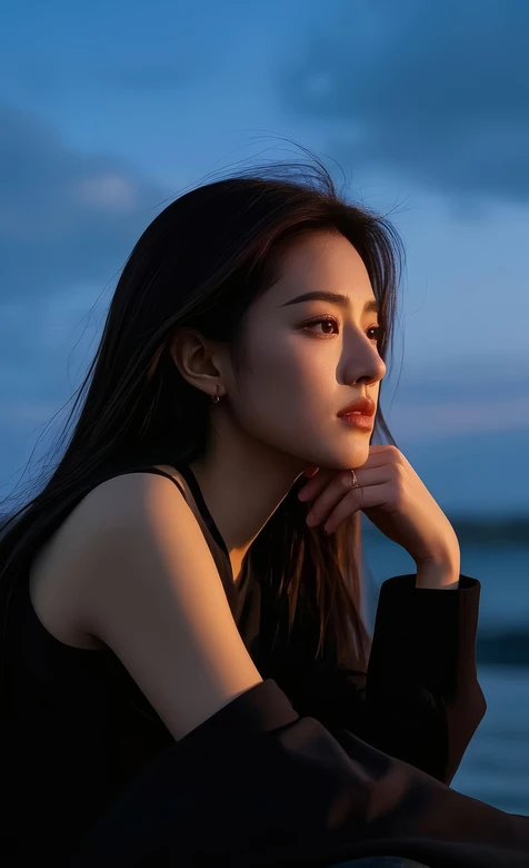 长发女子·黄昏海边唯美写实 超火手机壁纸精选