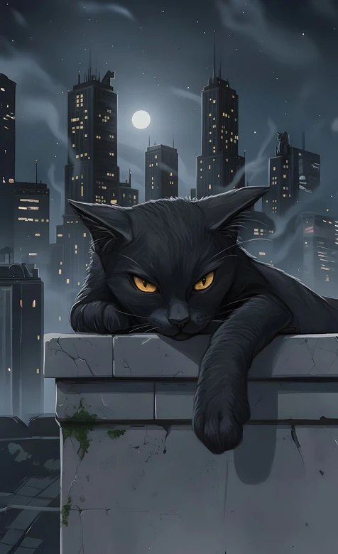 暗黑都市月夜黑猫凝视 超酷夜景猫系壁纸
