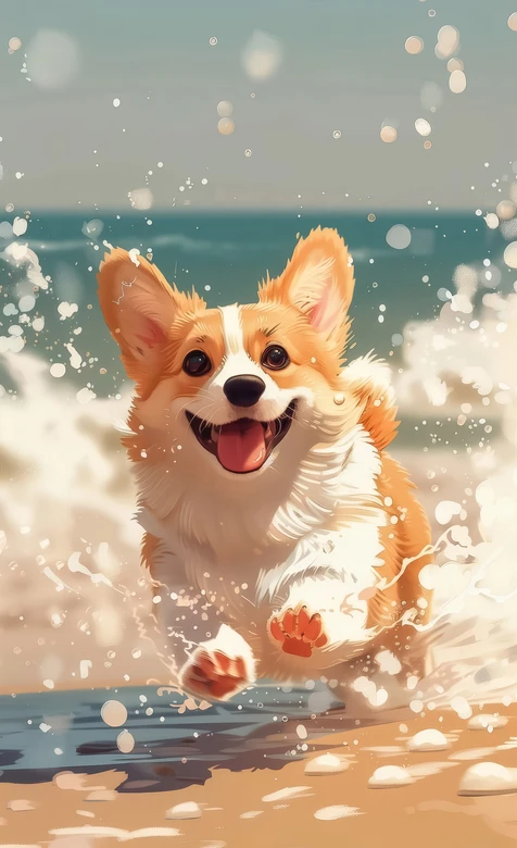 柯基·海边浪花嬉戏·治愈唯美风 治愈系宠物壁纸