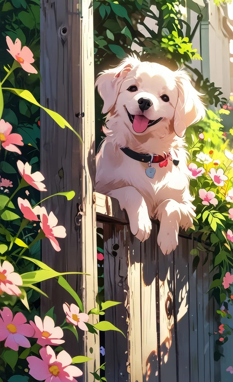 治愈系二次元插画·白犬趴围栏（鲜花暖光手机壁纸）