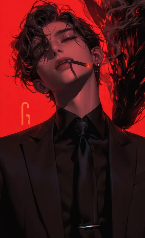 暗黑系禁欲卷发帅哥·西装烟雾原创插画 高人气暗黑手机壁纸