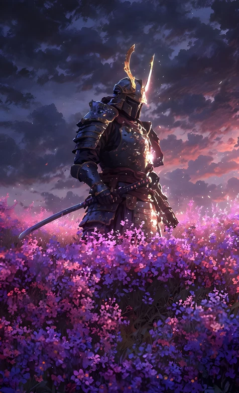 甲胄武士·刃映余晖 粉紫花海奇幻风武士壁纸