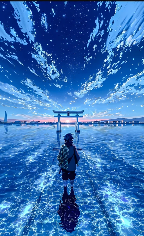 富冈义勇·水畔鸟居 二次元唯美鬼灭之刃场景壁纸