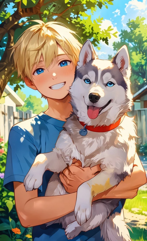 金发蓝眼少年抱哈士奇 二次元清新风庭院治愈壁纸