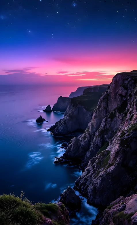海岸悬崖星空海景·唯美梦幻风 黄昏渐变手机壁纸