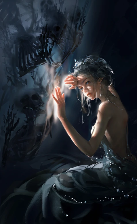 精灵耳少女·掌心微光 暗黑奇幻骷髅环绕 原创插画手机壁纸