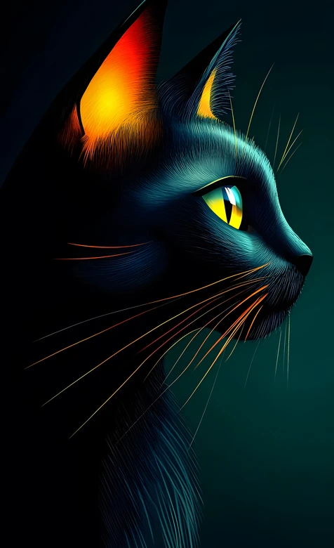 黑猫·霓虹荧光耳内·金瞳凝视 暗黑风高质感动物壁纸