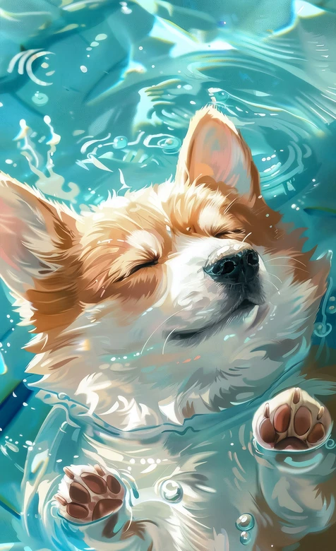 柯基·水中惬意漂浮 唯美插画风治愈系萌宠手机壁纸