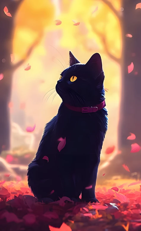 黑猫·玫红项圈·秋叶林 唯美梦幻暖秋手机壁纸