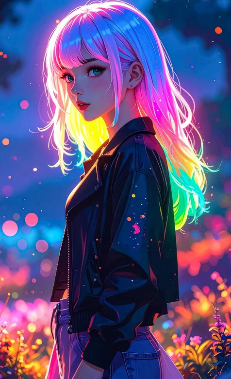 彩虹发色少女·霓虹炫彩赛博朋克风 原创插画热门手机壁纸