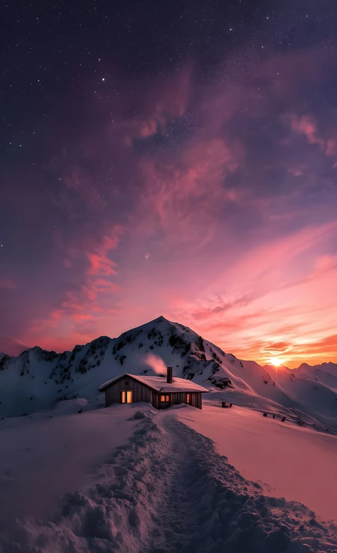 雪山孤屋·星空日出唯美雪景 高质感治愈系壁纸