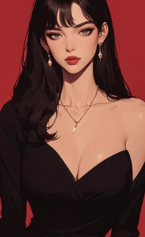 黑长卷发御姐·精致写实插画 高级感手机壁纸