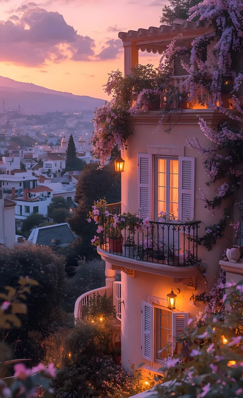 欧式山城花藤阳台·唯美浪漫黄昏氛围感手机壁纸