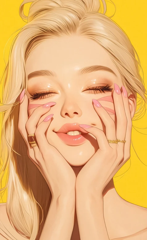 金发少女·粉美甲暖黄 唯美插画风 高人气手机壁纸素材