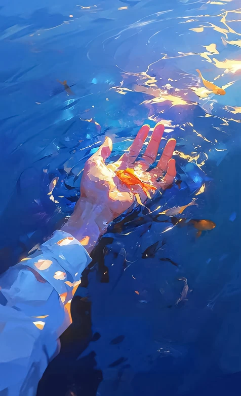 手捧金鱼·蓝调水境 唯美油画风治愈系手机壁纸