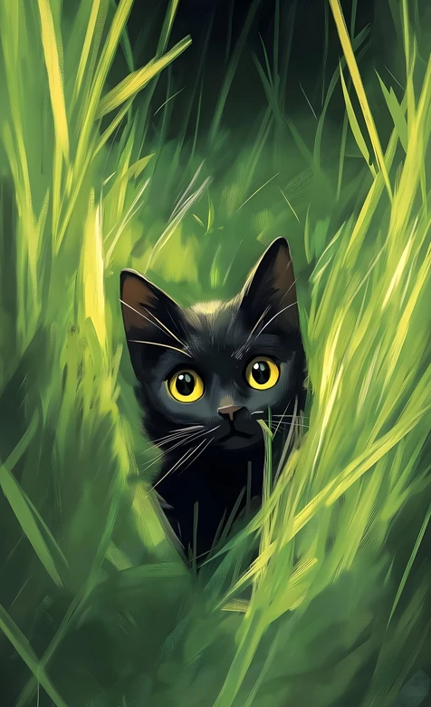 黑猫咪·金黄眼 草丛间 唯美插画风治愈系壁纸