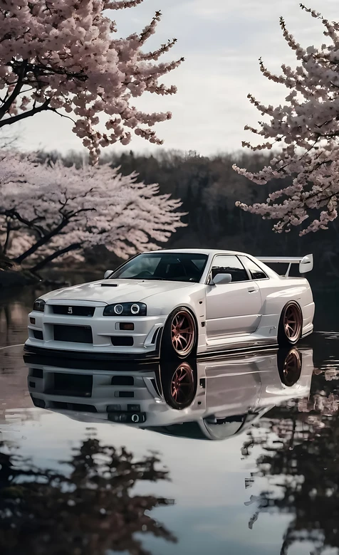 日产GTR R34·樱花倒影 唯美日系风超高清汽车壁纸