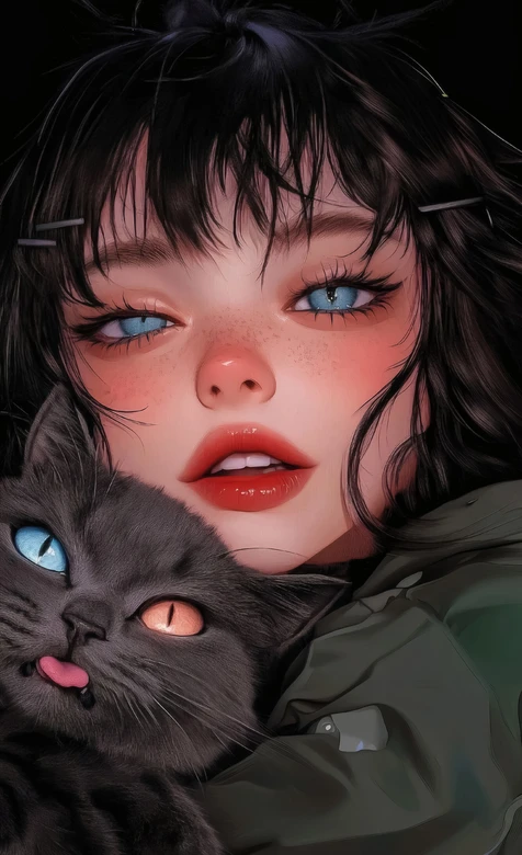 黑发女孩&异色瞳黑猫·写实插画风 高人气个性手机壁纸