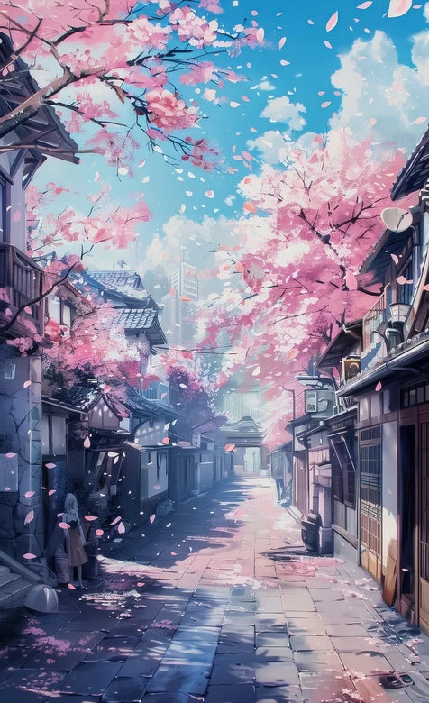 日式古巷樱花飘落·二次元清新风 热门竖屏壁纸
