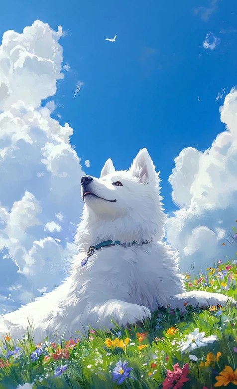 唯美插画风白色萨摩耶·花海蓝天治愈系手机壁纸推荐