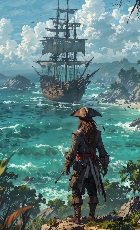 海盗船长·古帆船海岸 写实奇幻风 航海冒险手机壁纸