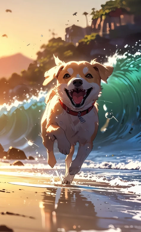 欢跑的狗狗·二次元插画风 海滩海浪夕阳治愈壁纸
