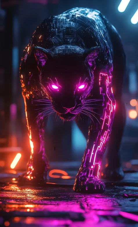 赛博朋克机械黑豹·霓虹紫眸机械纹理 未来风手机壁纸
