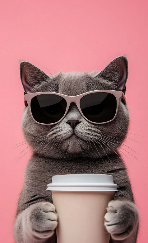 戴墨镜灰猫举咖啡杯·潮酷可爱创意手机壁纸