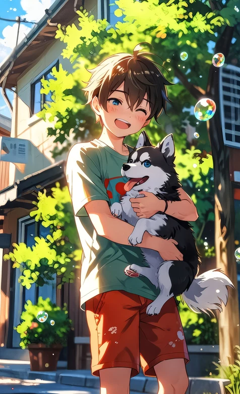 少年抱哈士奇·日系清新风 治愈系夏日壁纸