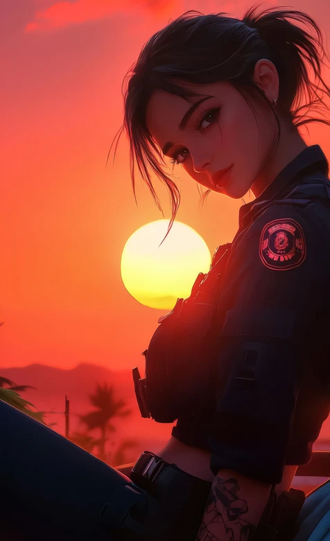 飒气制服纹身少女 写实风日落光影超飒手机壁纸