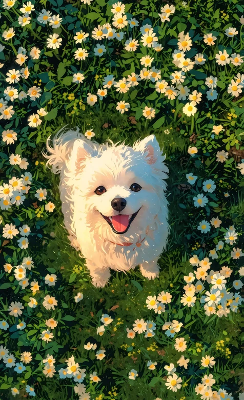 微笑白犬·花海环绕 唯美插画治愈系宠物手机壁纸