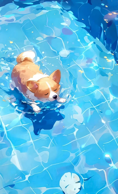 柯基·泳池戏水 唯美插画风 治愈系手机壁纸