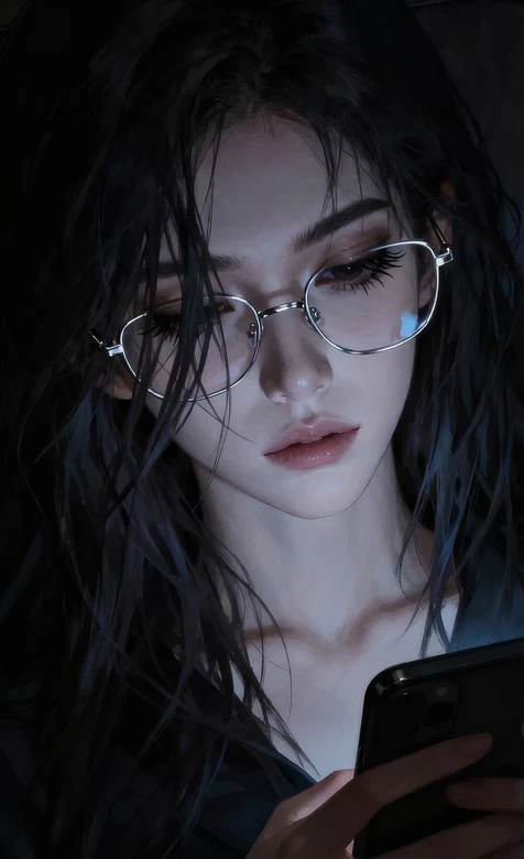 写实暗黑风戴眼镜黑发少女·氛围感手机壁纸