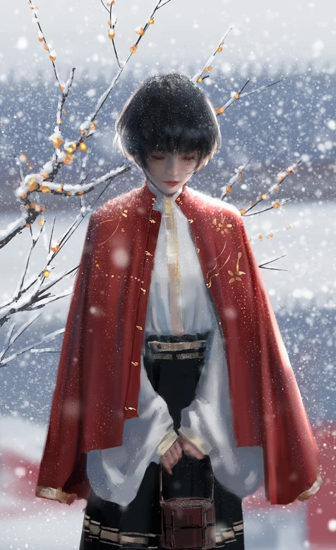 国风短发少女·红斗篷冬雪 唯美古风插画 高适配手机壁纸
