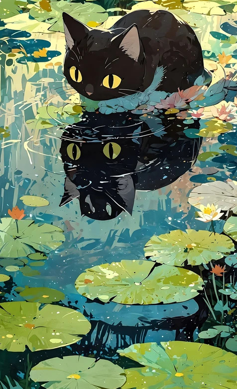 黑猫荷塘睡莲倒影·唯美插画治愈系手机壁纸