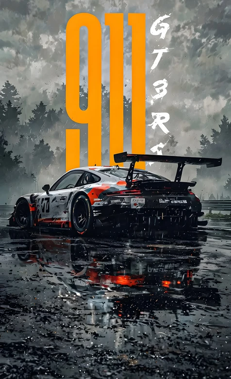 保时捷911 GT3 RS赛车·雨景写实暗黑风 超跑竞速手机壁纸