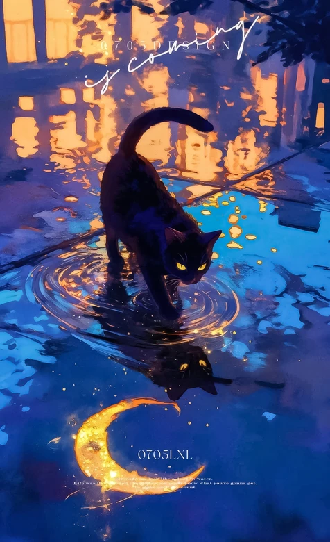 黑猫水洼倒影·唯美插画风雨夜暖光街景壁纸 雨夜猫咪壁纸
