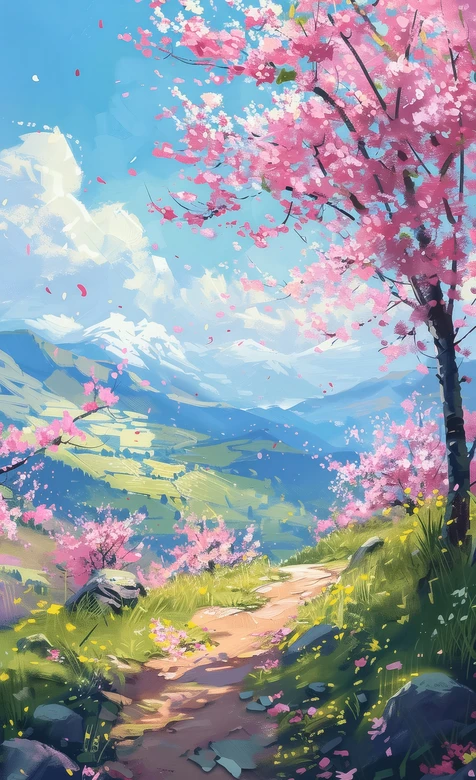 樱花山谷雪山小径 唯美油画风 治愈春日风景壁纸