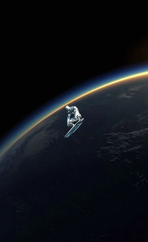 银影侠·银板冲浪 科幻写实风 漫威地球轨道太空场景 高质感壁纸