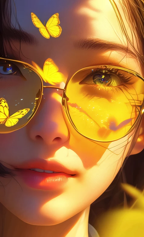 黄蝶金框眼镜·唯美写实原创插画 治愈系手机壁纸