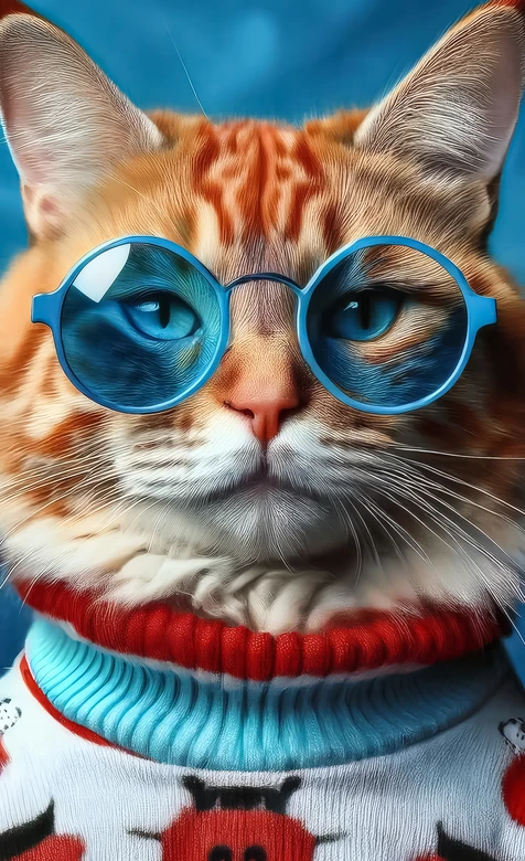 橘猫·蓝圆眼镜红毛衣·写实拟人萌宠壁纸