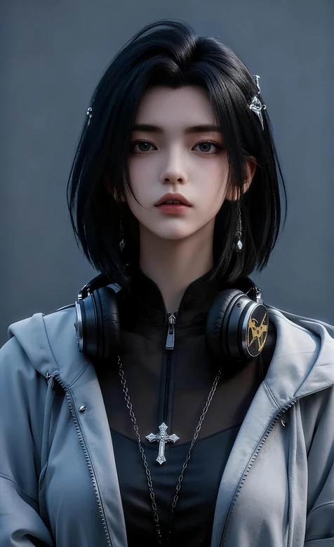 暗黑潮酷短发少女·十字架耳机装饰 高质感手机壁纸