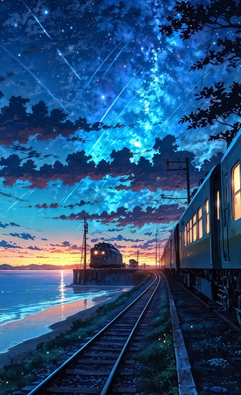 海边铁道星空列车 唯美日系新海诚风动漫壁纸 超美星空列车