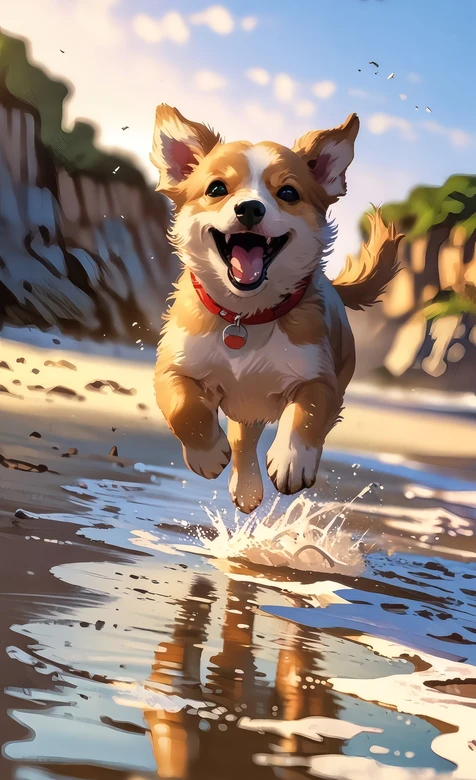 萌柯基·海滩欢快跃动 动漫风治愈系宠物手机壁纸