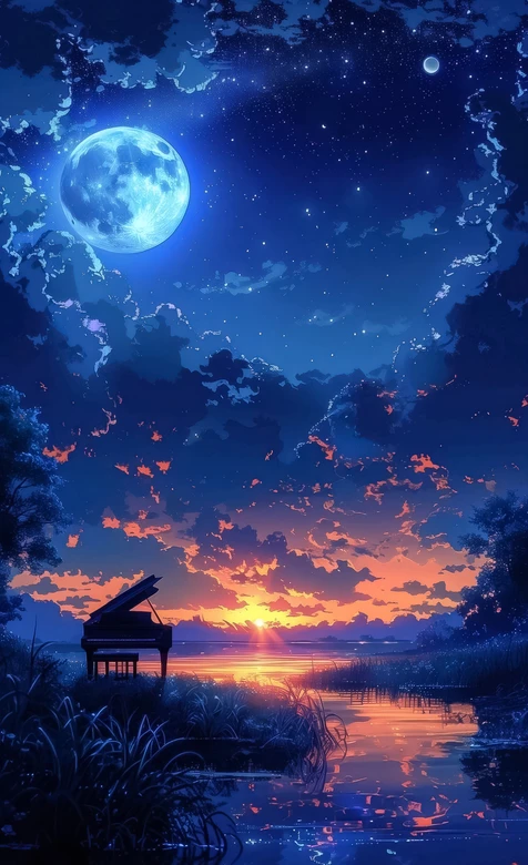 二次元唯美湖畔钢琴·月夜日落交织超高清氛围感壁纸