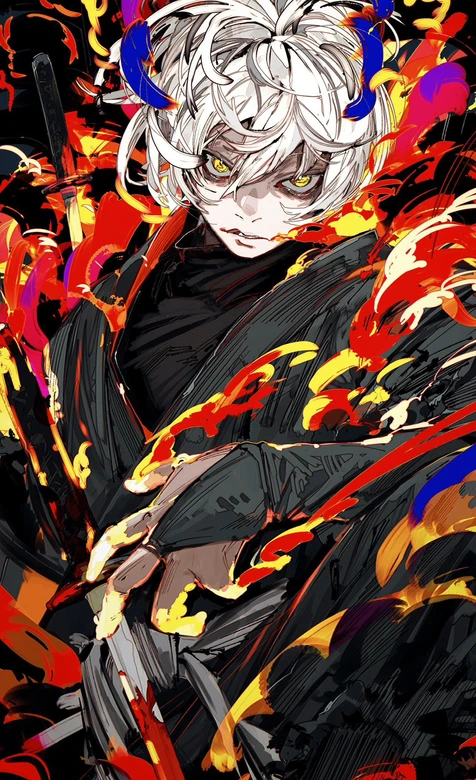 白发蓝角武士·火焰环绕 暗黑热血日系动漫高人气壁纸