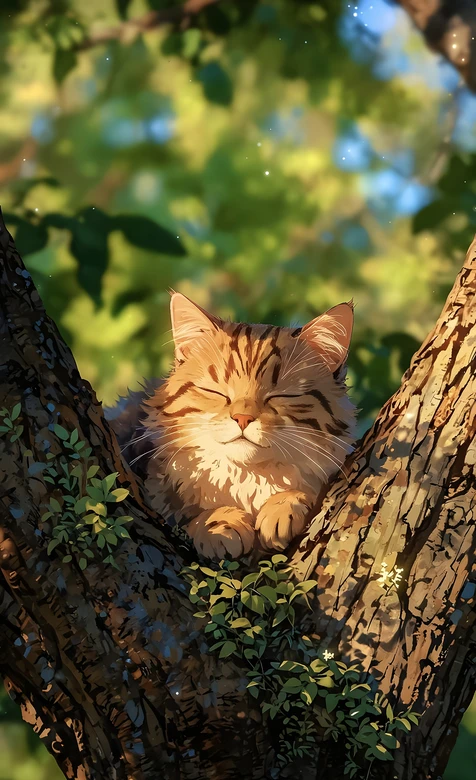橘斑猫树杈暖阳小憩·治愈风 疗愈系猫咪壁纸